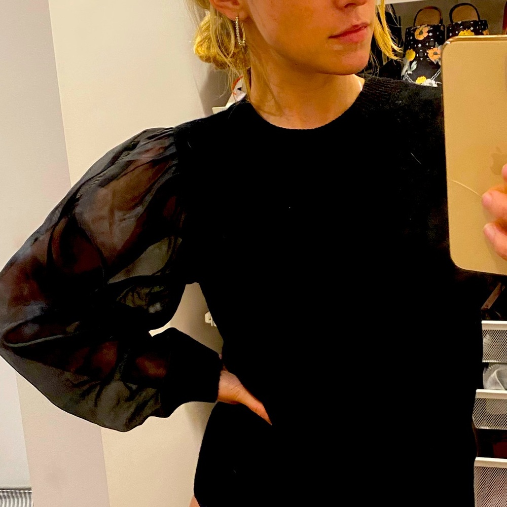Aqua Black Cashmere Sweater with Sheer Sleeves